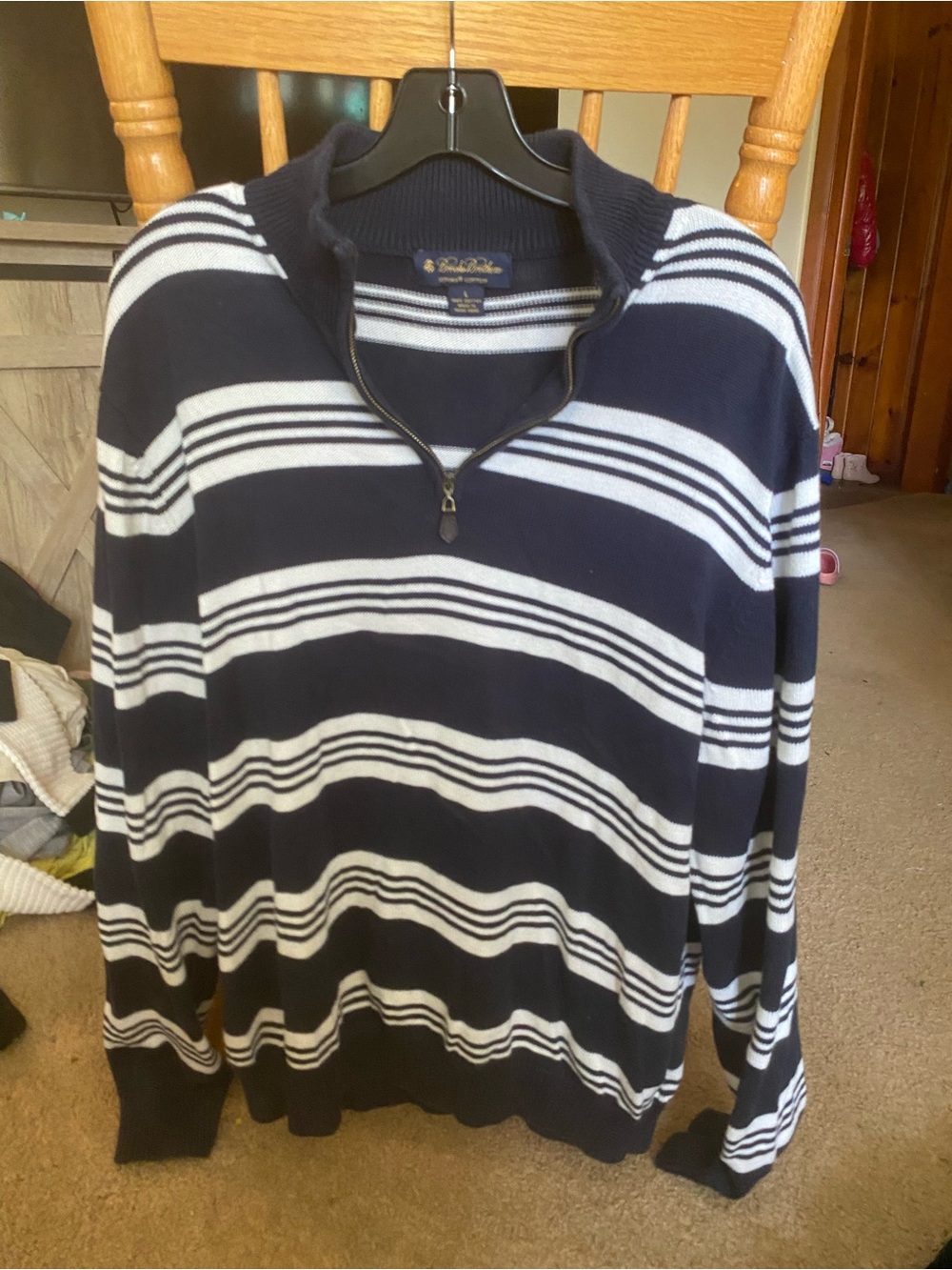 Brooks Brothers Supima Cotton Striped Quarter-Zip Sweater Navy White Men's L